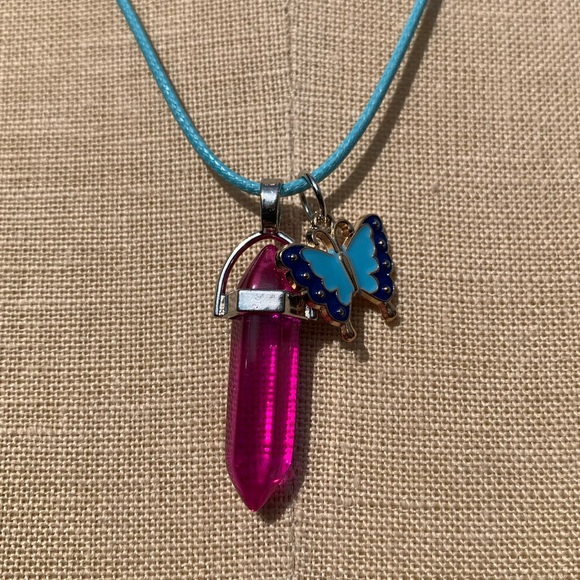 Handmade Dagger Hot Pink Resin Crystal Amulet Necklace & Butterfly Charm - Picture 2 of 7